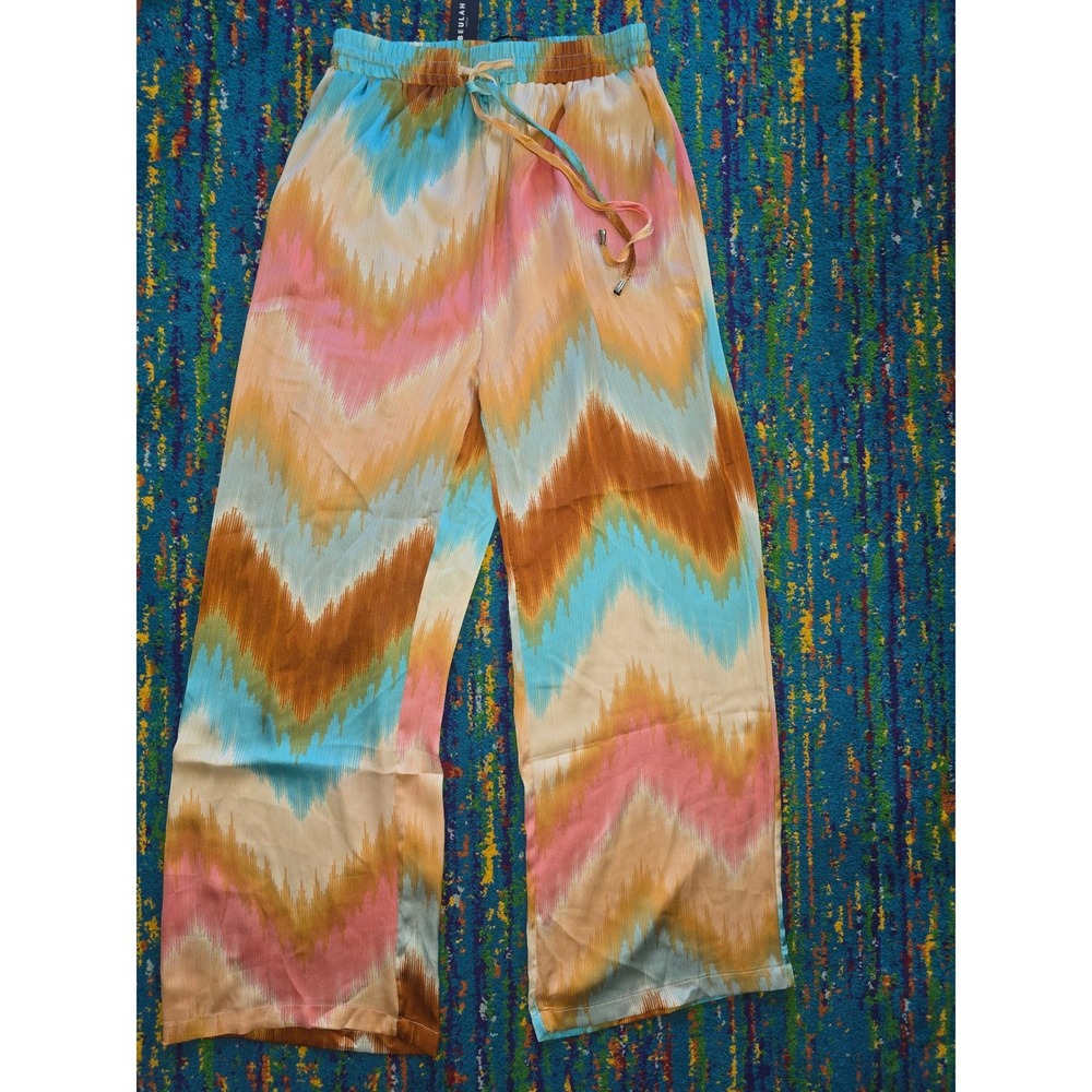 NWT Beulah Style Wide Leg Pants Pink Blue Ikat Chevron Print light weight Size S